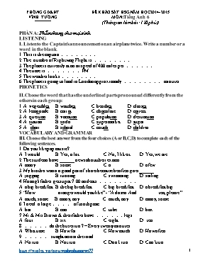 Đề và đáp án thi giao lưu học sinh giỏi Tiếng anh lớp 6 - Năm học 2014-2015 - Phòng GD & ĐT Vĩnh Tường